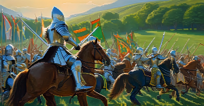 Medieval knights in armor jousting in a vibrant reenactment scene with spectators in period costumes and colorful banners.