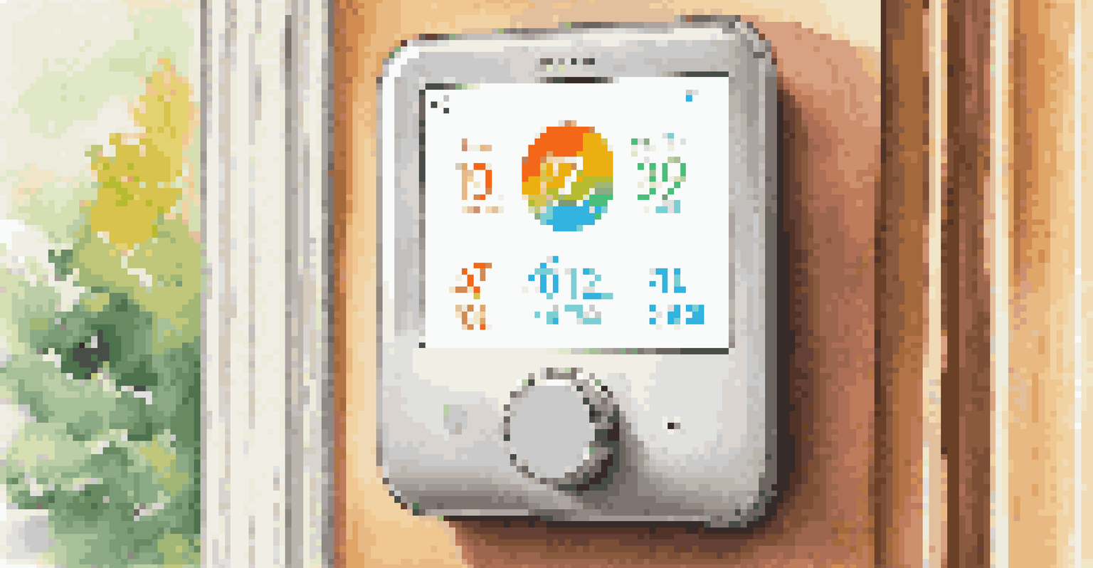 A close-up view of a smart thermostat on a wall, showcasing its touchscreen interface with a cozy home environment in the background.