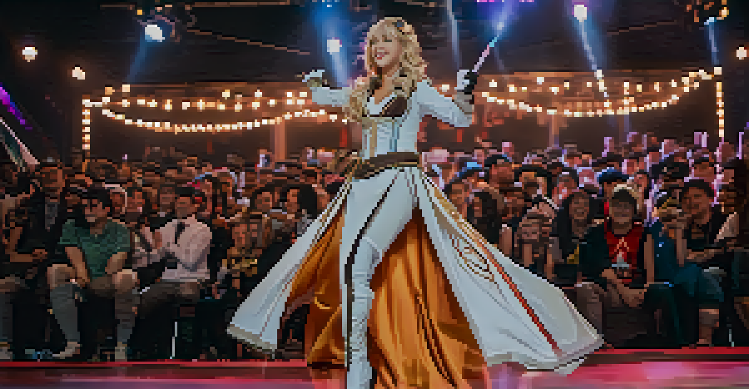 A cosplayer performing on stage, fully embodying their character amidst an enthusiastic audience, with bright stage lights creating a dynamic atmosphere.