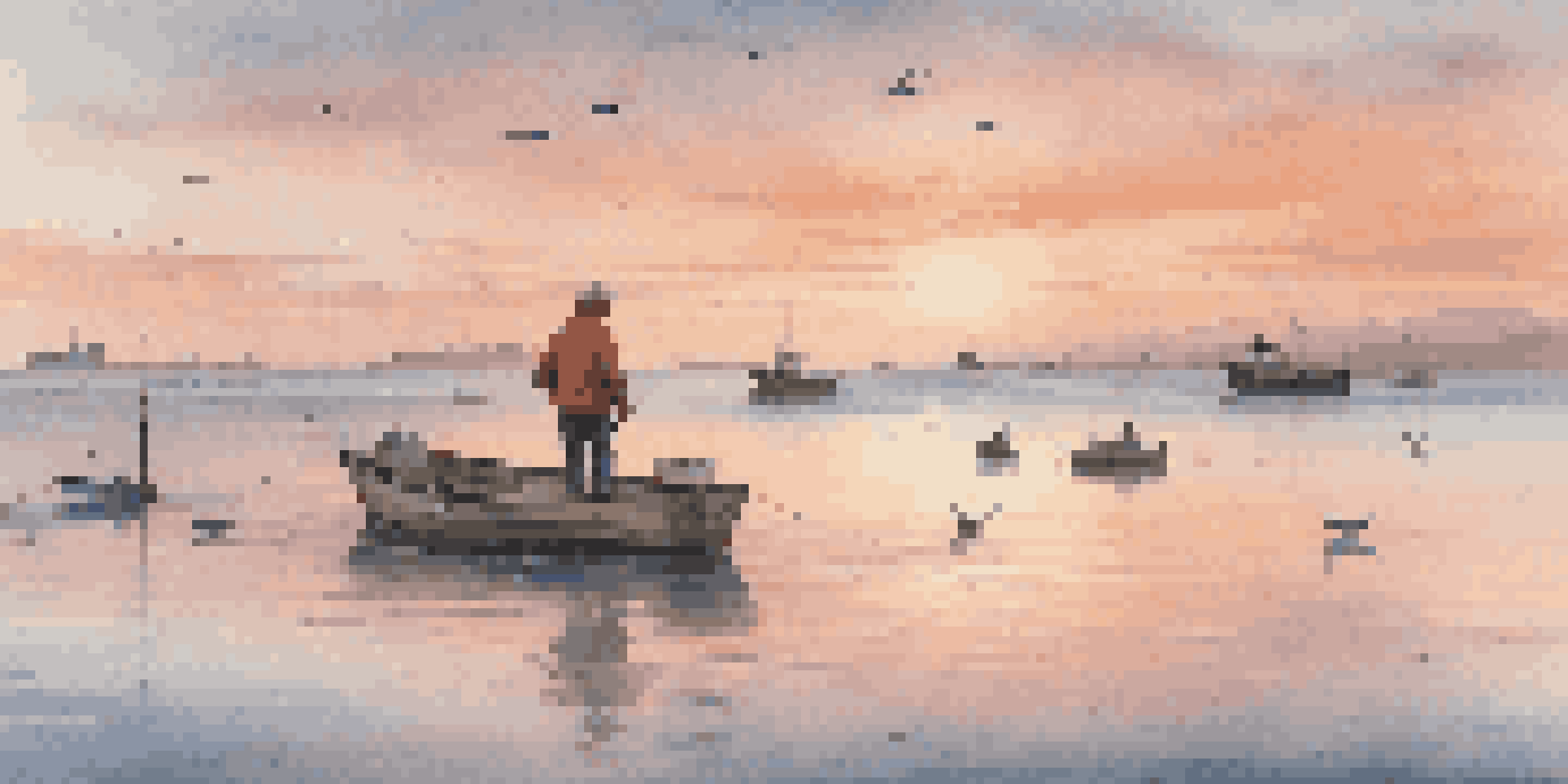 A fisherman in a small boat at dawn, using a sonar device to locate fish, with soft pastel colors in the sky reflected on the water.