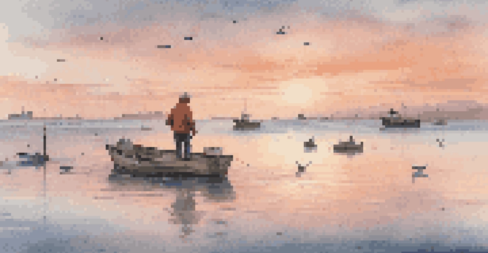 A fisherman in a small boat at dawn, using a sonar device to locate fish, with soft pastel colors in the sky reflected on the water.