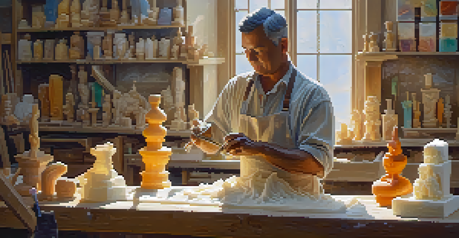 An artisan carving a large block of soap into a detailed figurine in a bright workshop filled with sculpting tools.