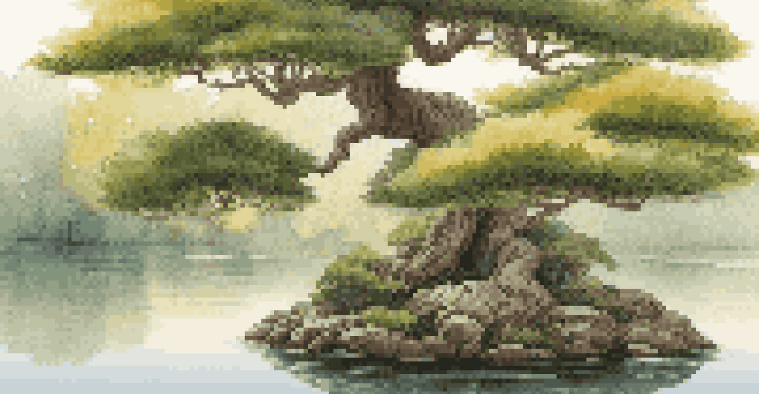 A layered bonsai tree with a multi-level canopy reflecting in a tranquil pond, surrounded by greenery.