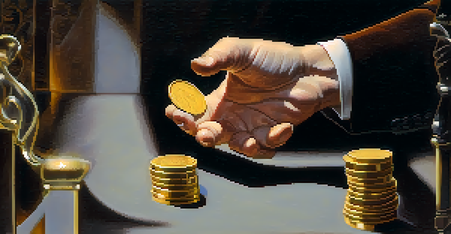 A close-up of a magician's hands holding a coin, performing a vanish trick, with a blurred background and dramatic lighting.