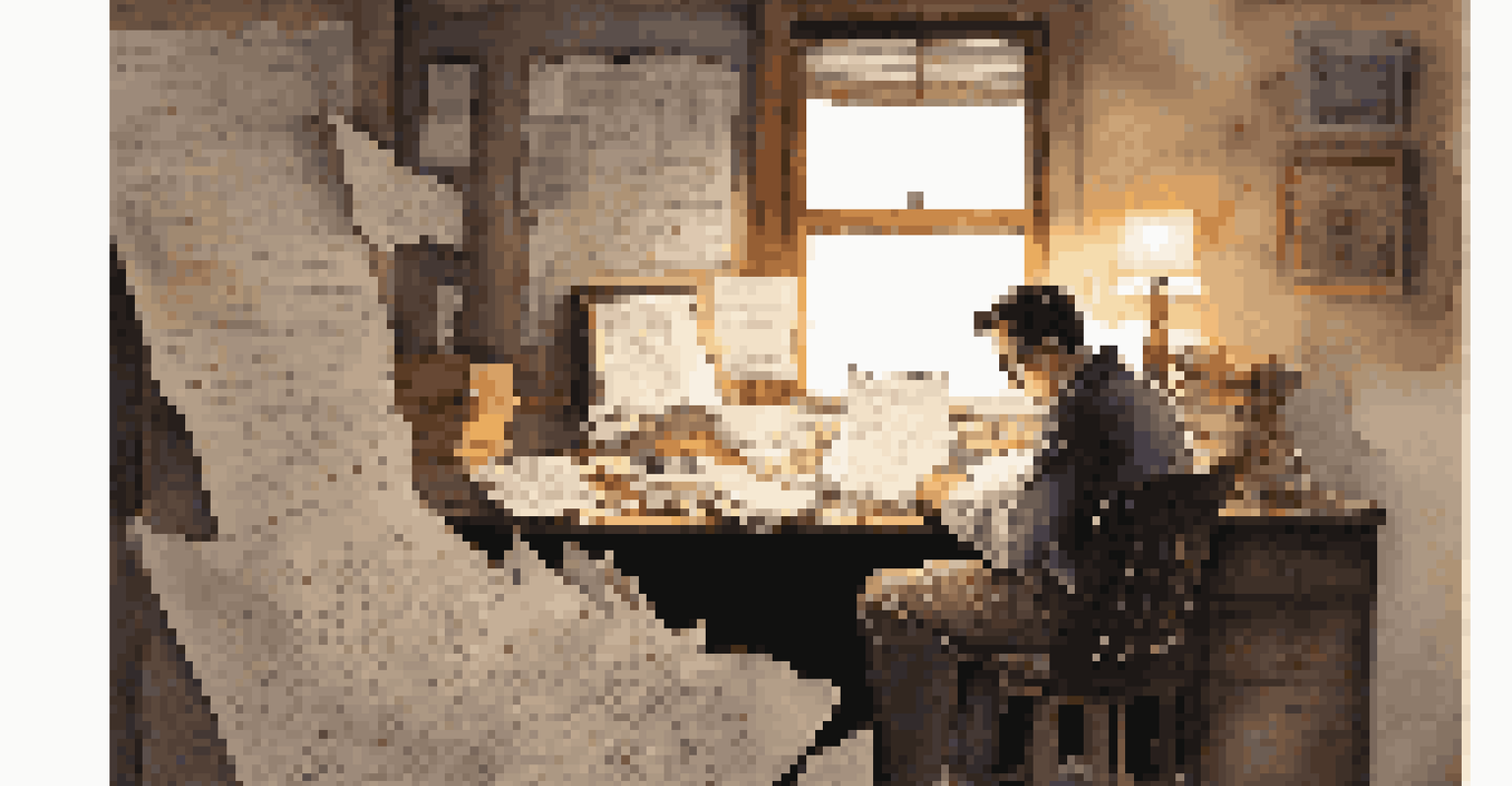 A writer in deep thought at a desk with crumpled papers and a glowing laptop, illuminated by a desk lamp in a dimly lit room.