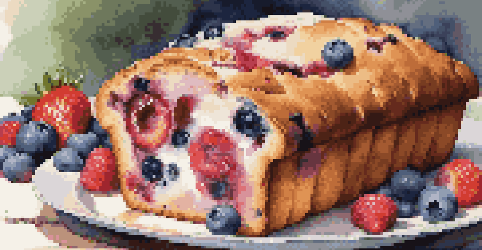 A loaf of mixed berry bread with fresh berries and cream cheese on a rustic plate.
