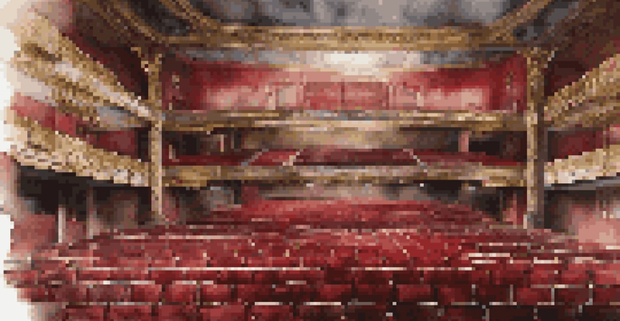 An abandoned theater with dusty beams of light illuminating its decaying interior and ornate architecture.