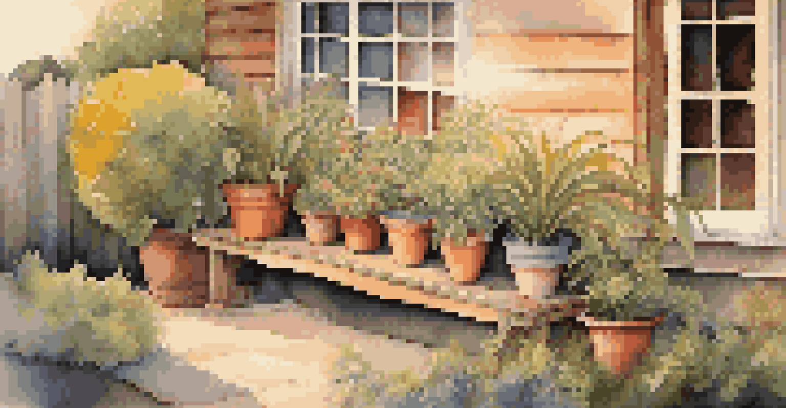 A serene home garden at sunset with colorful plants in pots and a wooden bench, creating a peaceful atmosphere.