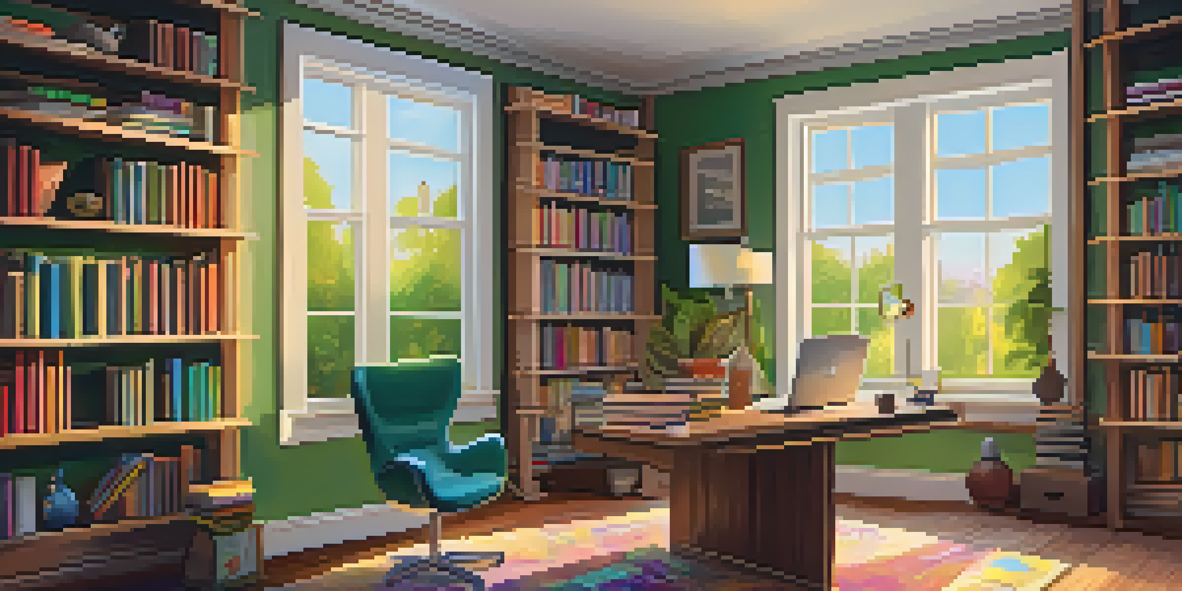 A warm home office with a wooden desk, laptop, and bookshelves filled with books. The scene is illuminated by a desk lamp, and there's a sunny view of trees outside the window.