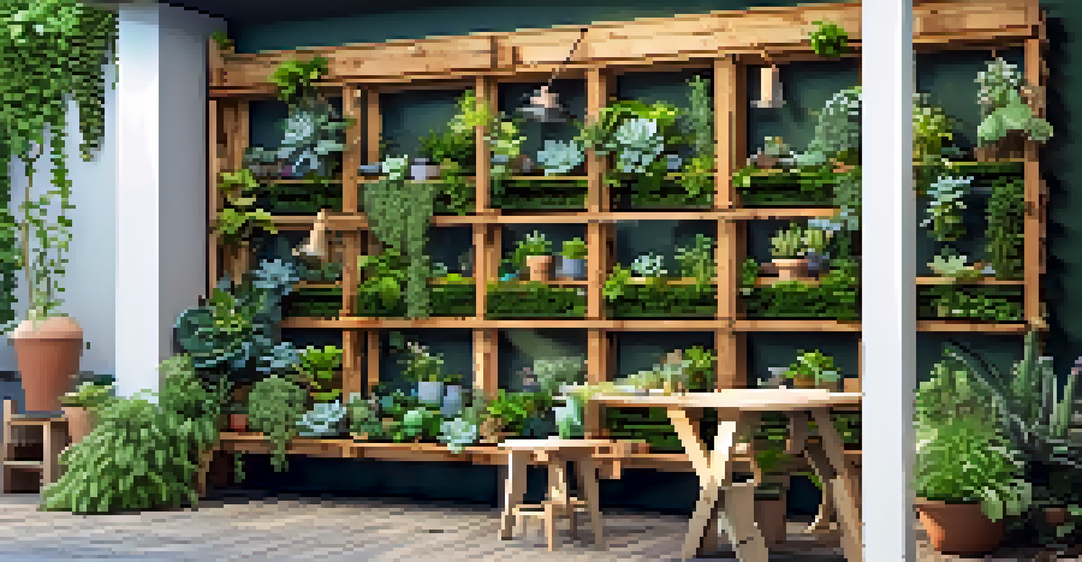 Kids arranging plants in a vertical garden made from wooden pallets, surrounded by greenery and sunlight.