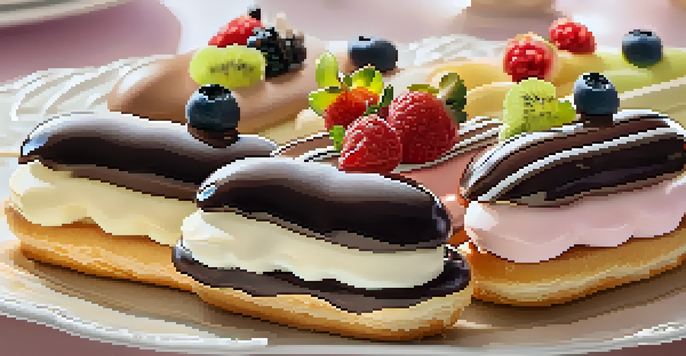 A plate of assorted éclairs with chocolate, vanilla, and fruit fillings, decorated with glossy icing and garnished with chocolate shavings and berries.