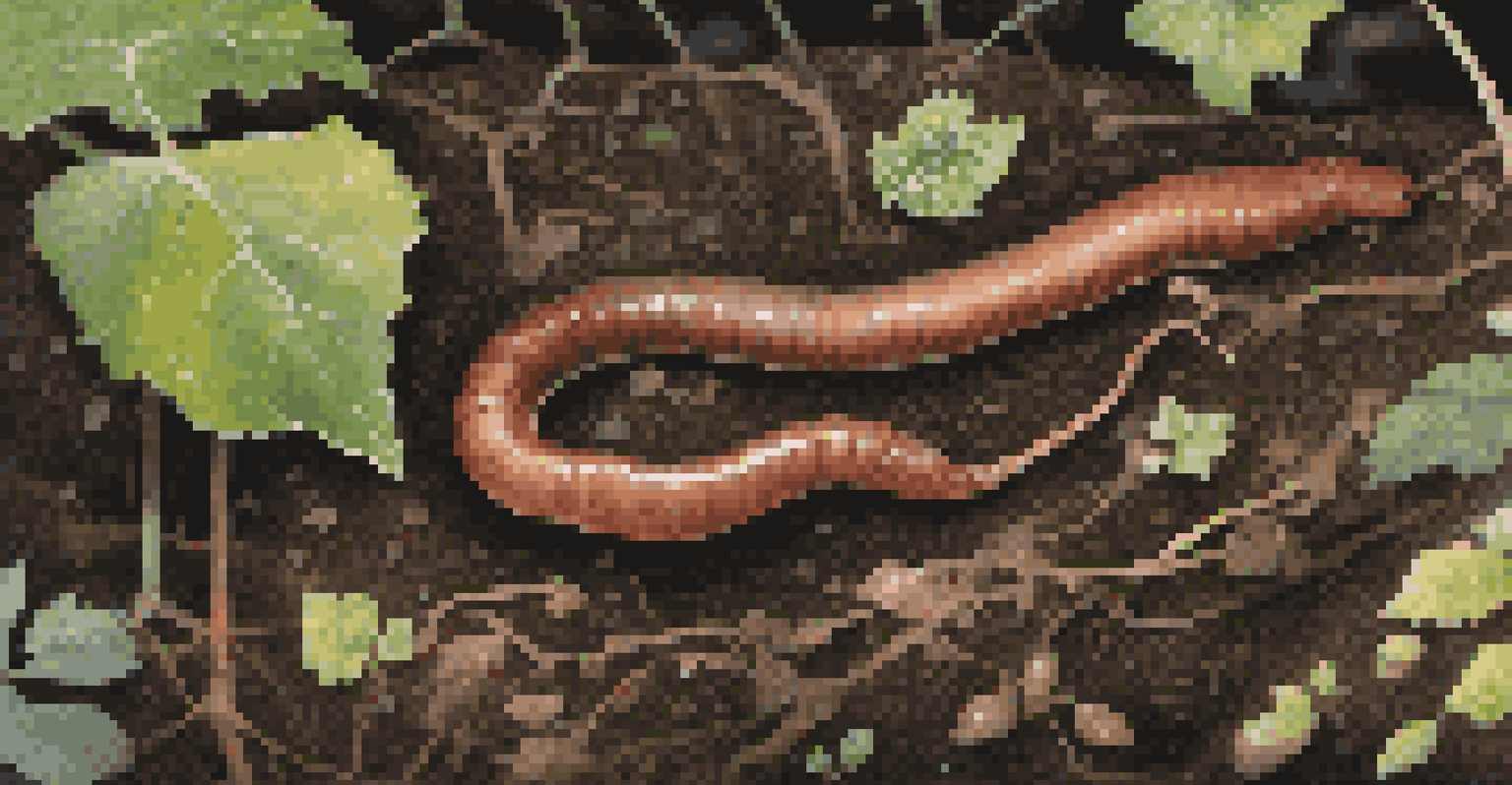 A close-up view of an earthworm in dark soil with organic matter, highlighting the vibrant ecosystem.