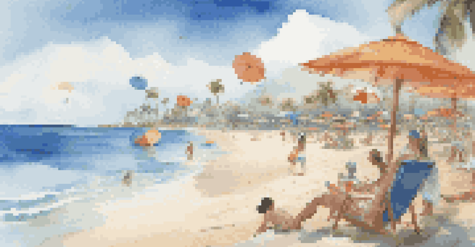 Avatars enjoying a relaxing day at a virtual beach, socializing and building sandcastles in a picturesque setting.