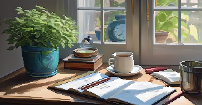 A cozy workspace with an open journal, a cup of tea, and soft natural light, conveying a peaceful journaling environment.