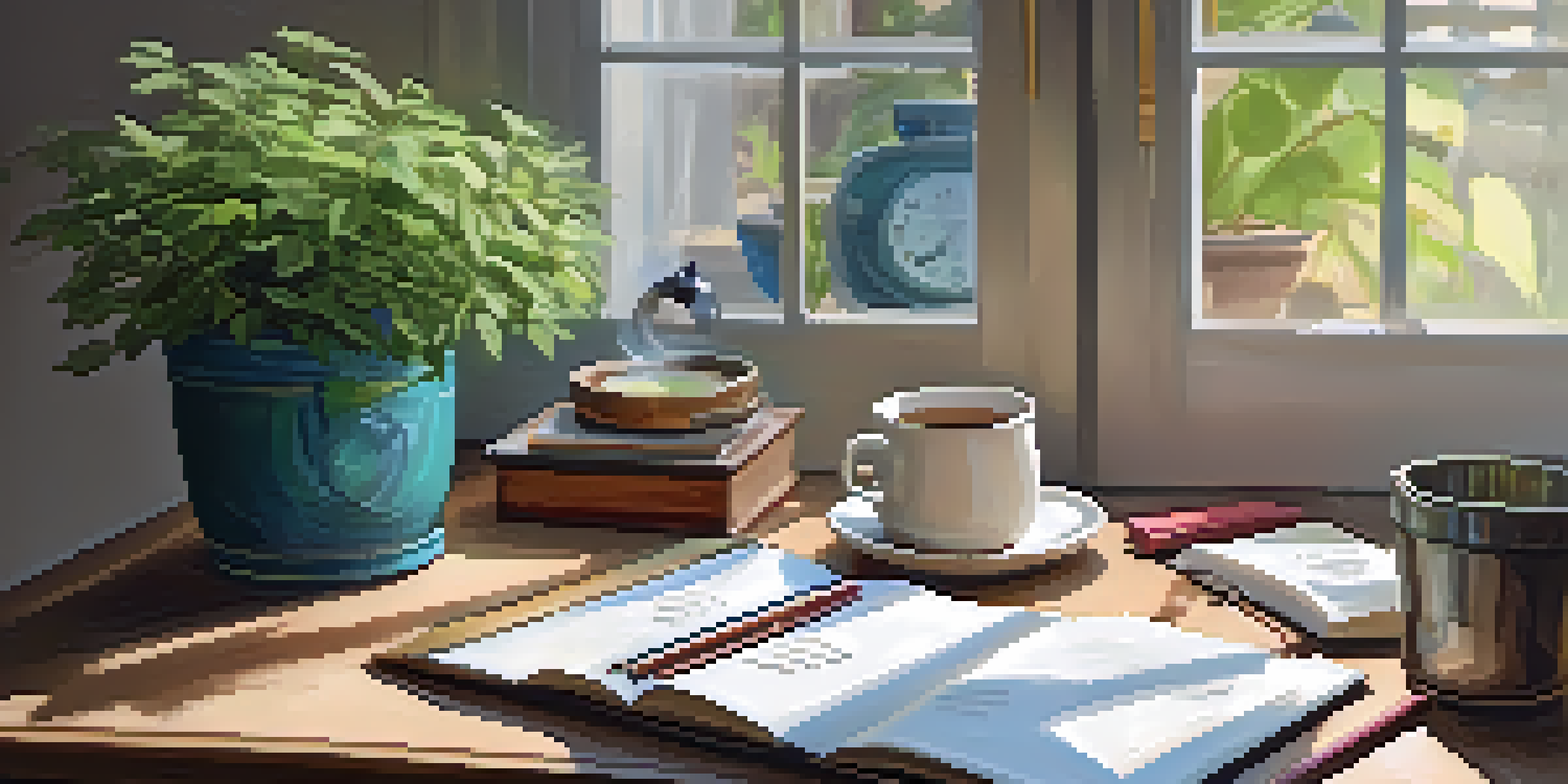 A cozy workspace with an open journal, a cup of tea, and soft natural light, conveying a peaceful journaling environment.