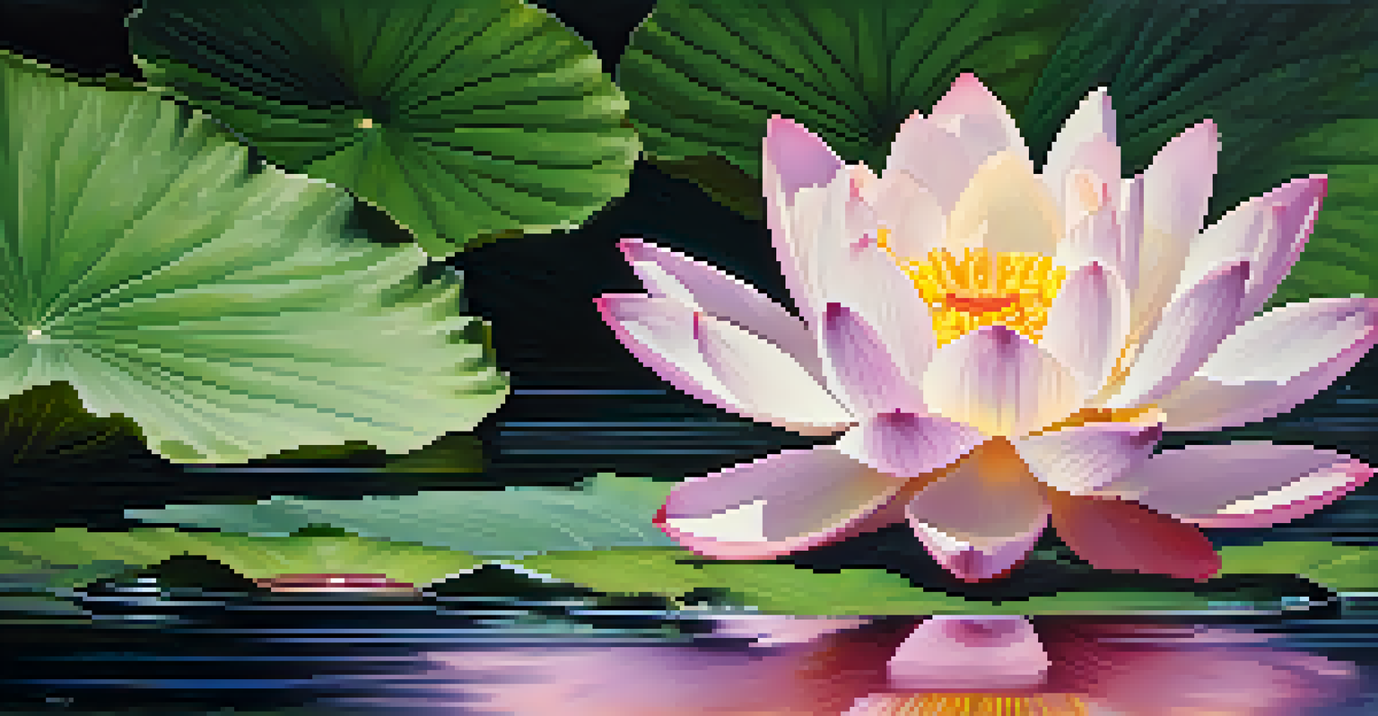 A close-up of a lotus flower blooming on a pond, surrounded by green leaves, symbolizing purity.