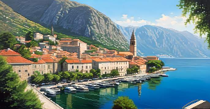 A picturesque view of Kotor, Montenegro, featuring a fjord-like bay, mountains, and medieval architecture.