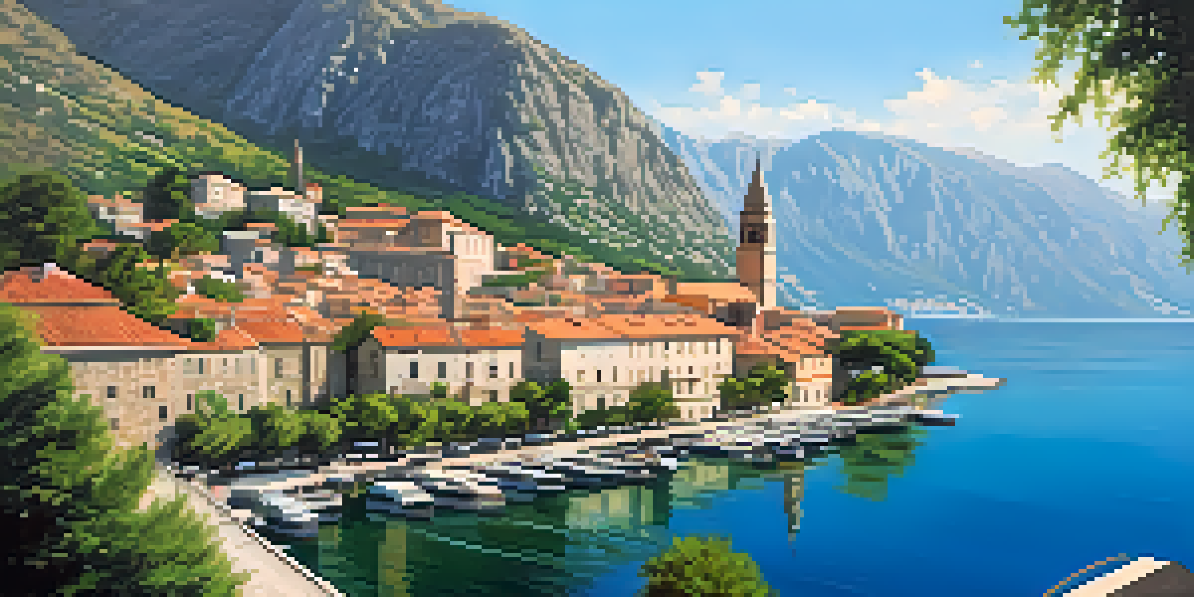 A picturesque view of Kotor, Montenegro, featuring a fjord-like bay, mountains, and medieval architecture.
