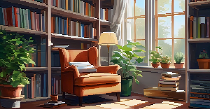 A cozy reading nook featuring an armchair and shelves of colorful non-fiction books, with sunlight streaming through a window and a cup of tea on a table.
