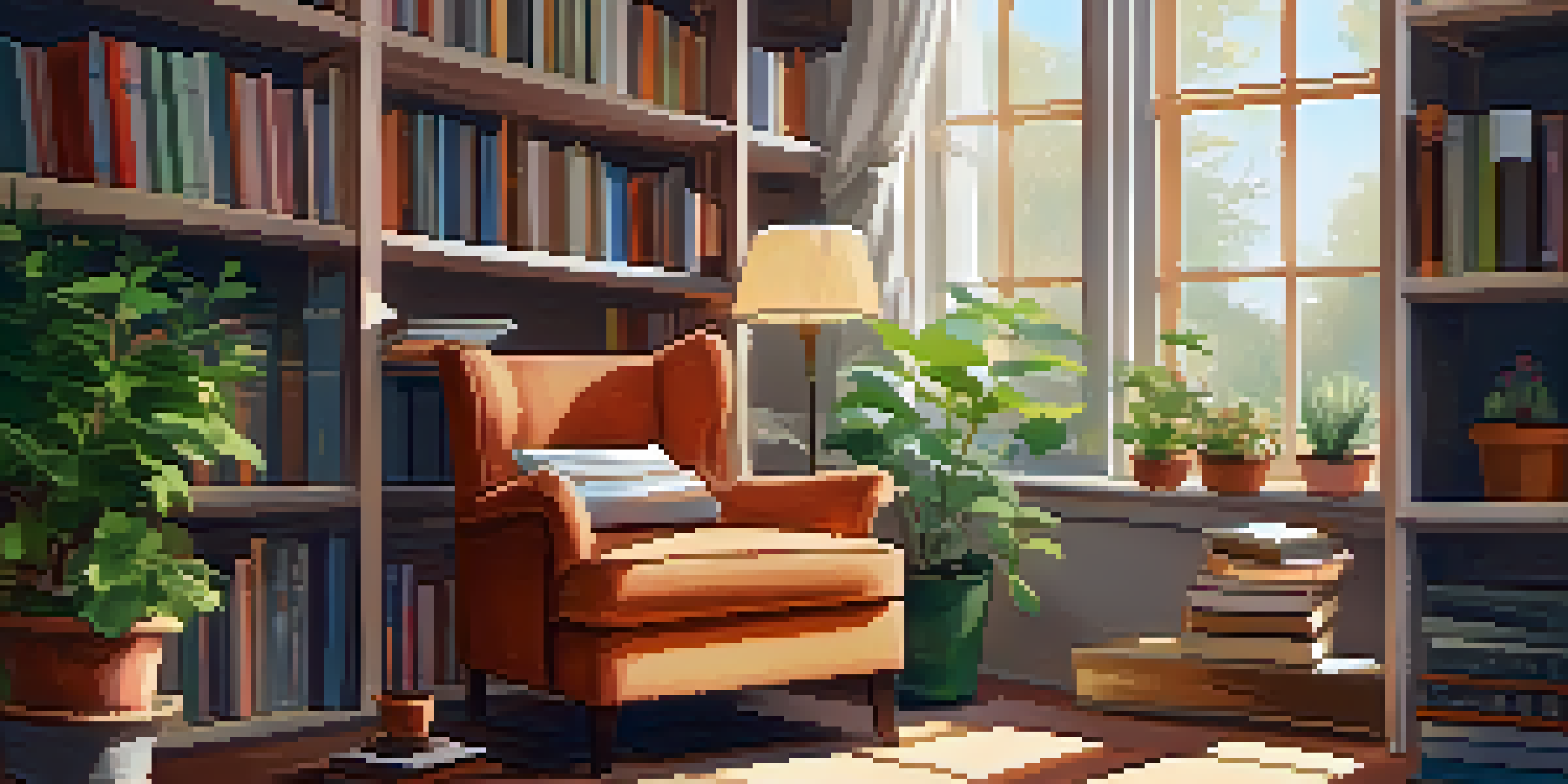A cozy reading nook featuring an armchair and shelves of colorful non-fiction books, with sunlight streaming through a window and a cup of tea on a table.