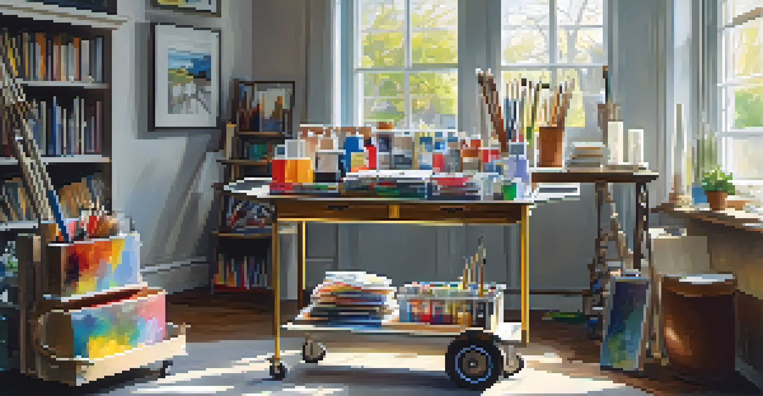 A rolling cart in a bright living room filled with art supplies and finished art pieces, illuminated by sunlight.