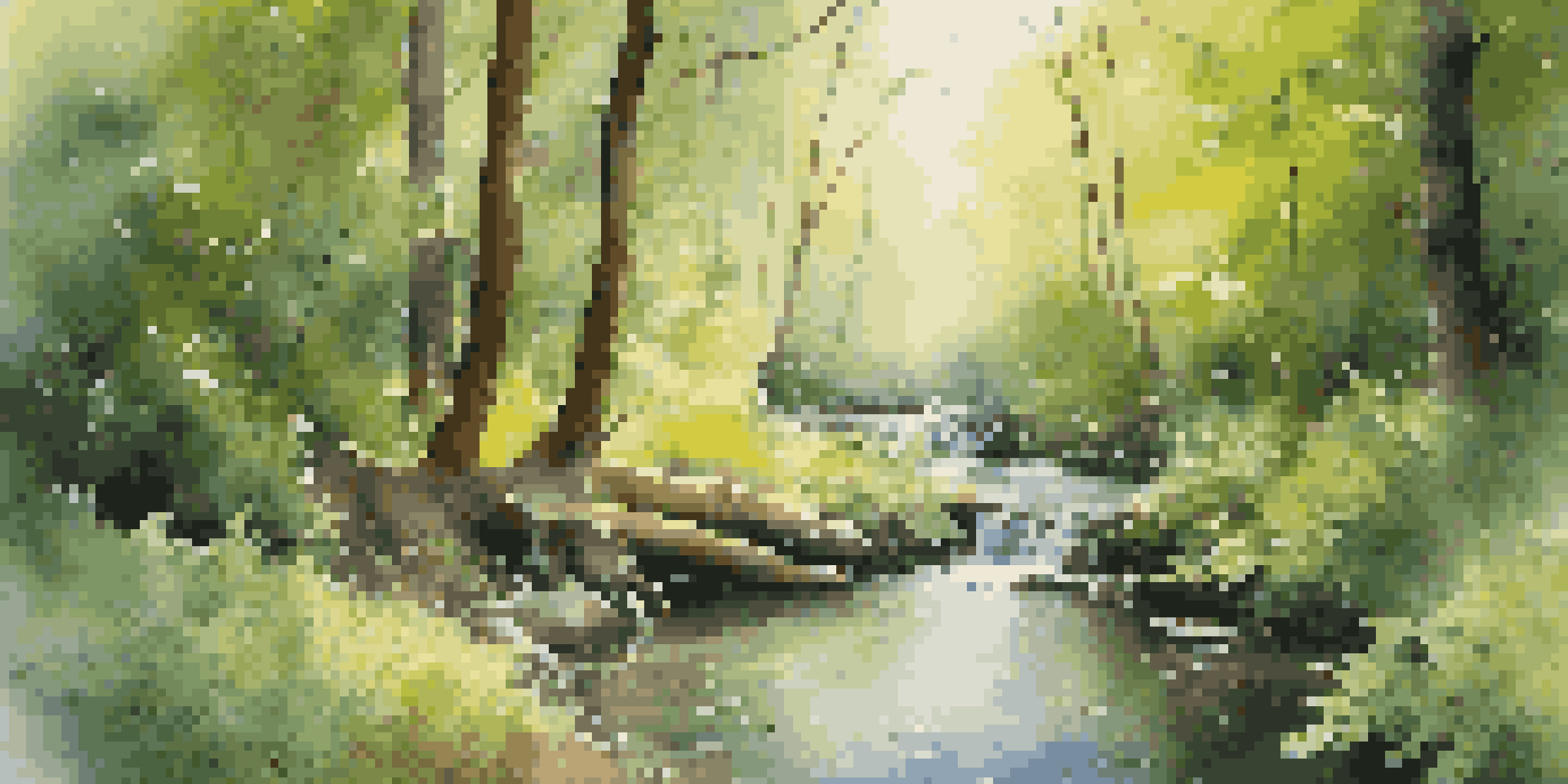 A peaceful forest scene with sunlight filtering through leaves, a bubbling brook, and colorful wildflowers, creating a tranquil atmosphere.