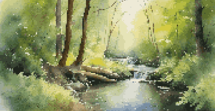 A peaceful forest scene with sunlight filtering through leaves, a bubbling brook, and colorful wildflowers, creating a tranquil atmosphere.