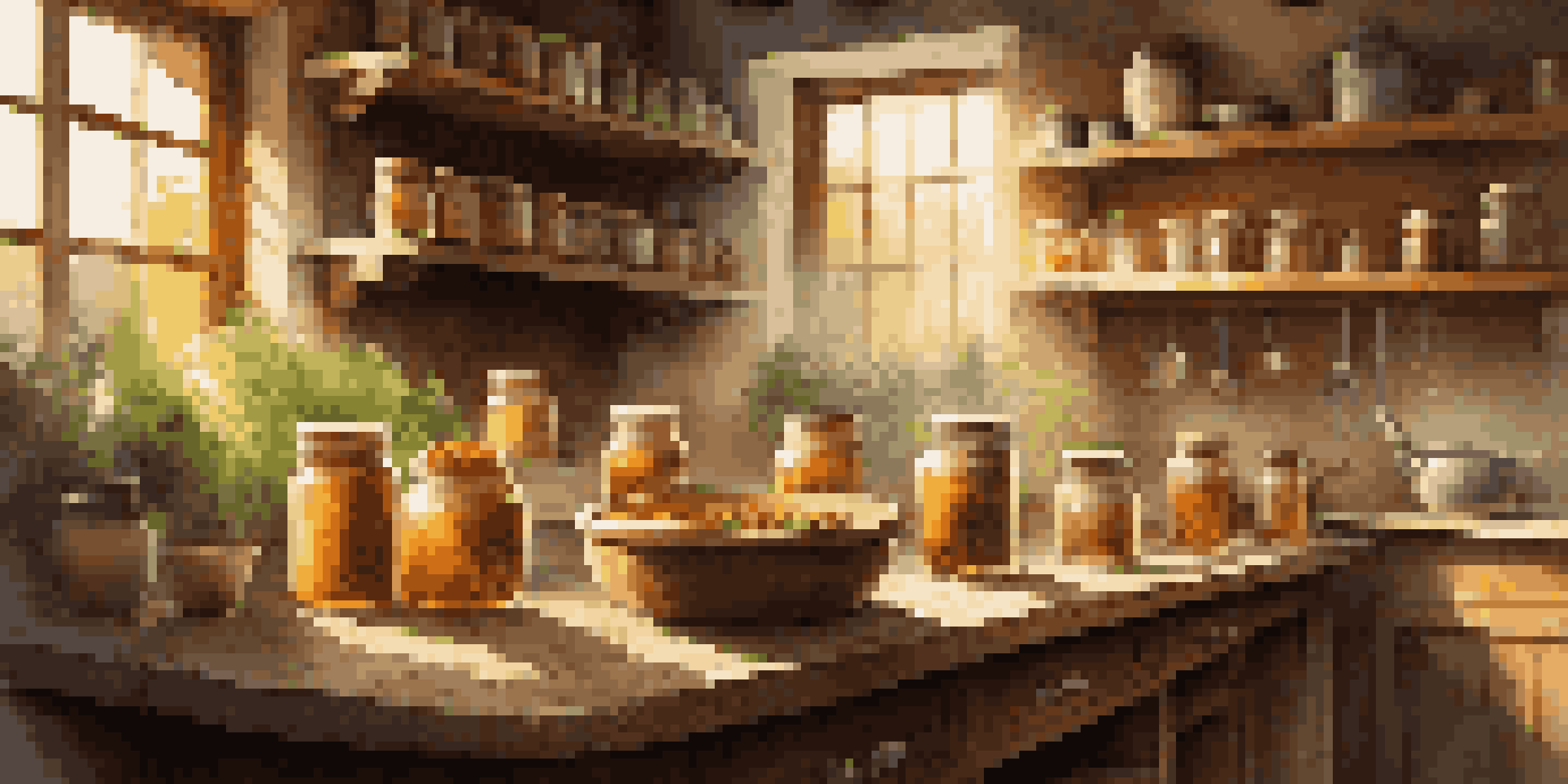 A rustic kitchen filled with herbs and spices, with a chef preparing a traditional remedy on a wooden table under sunlight.