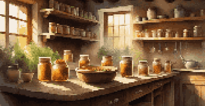 A rustic kitchen filled with herbs and spices, with a chef preparing a traditional remedy on a wooden table under sunlight.
