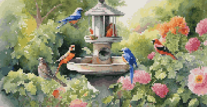 A colorful array of birds feeding from a tube bird feeder in a sunny backyard with green plants and flowers.