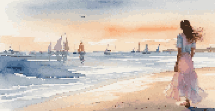 A model in a flowing summer dress standing by the water's edge on a beach during golden hour, with soft sunlight and gentle waves in the background.