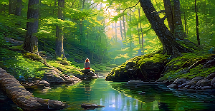 A peaceful forest with sunlight filtering through trees, a person meditating by a stream, surrounded by flowers and moss.