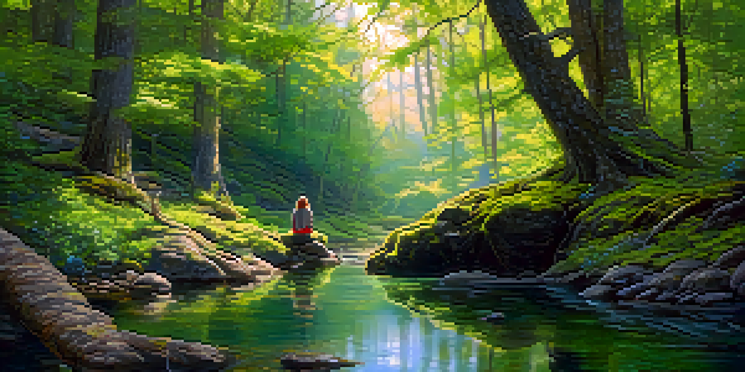 A peaceful forest with sunlight filtering through trees, a person meditating by a stream, surrounded by flowers and moss.