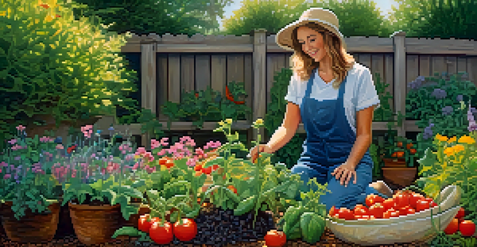 A colorful organic garden with various plants and a gardener inspecting a tomato plant under warm sunlight.