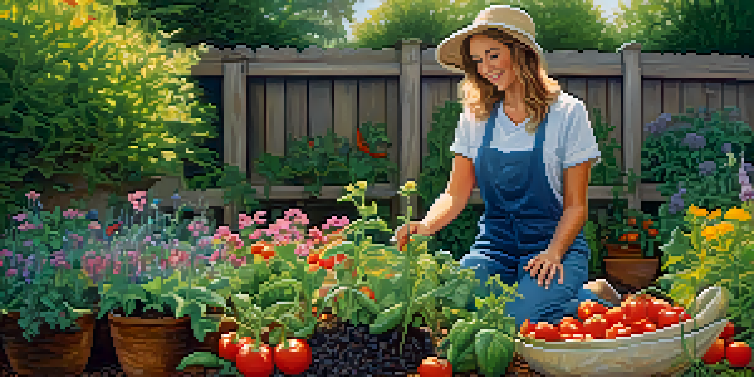 A colorful organic garden with various plants and a gardener inspecting a tomato plant under warm sunlight.