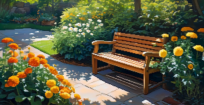 A lively small garden showcasing a variety of colorful flowers and lush greenery, with sunlight filtering through the leaves and a wooden bench for seating.