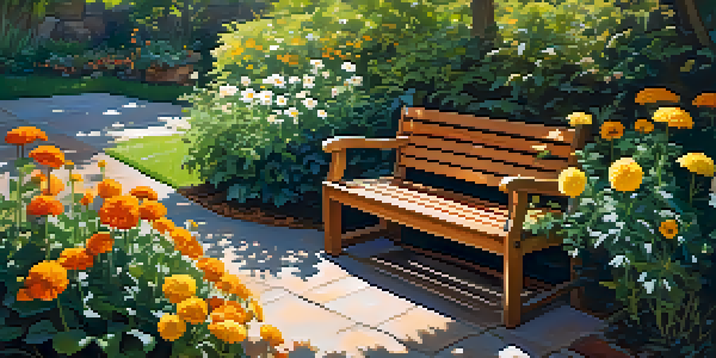 A lively small garden showcasing a variety of colorful flowers and lush greenery, with sunlight filtering through the leaves and a wooden bench for seating.