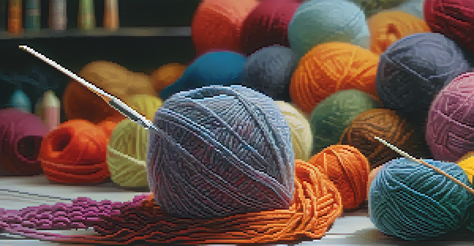A close-up of a hand knitting with sport weight yarn, showcasing intricate stitches and colorful yarn balls in the background.