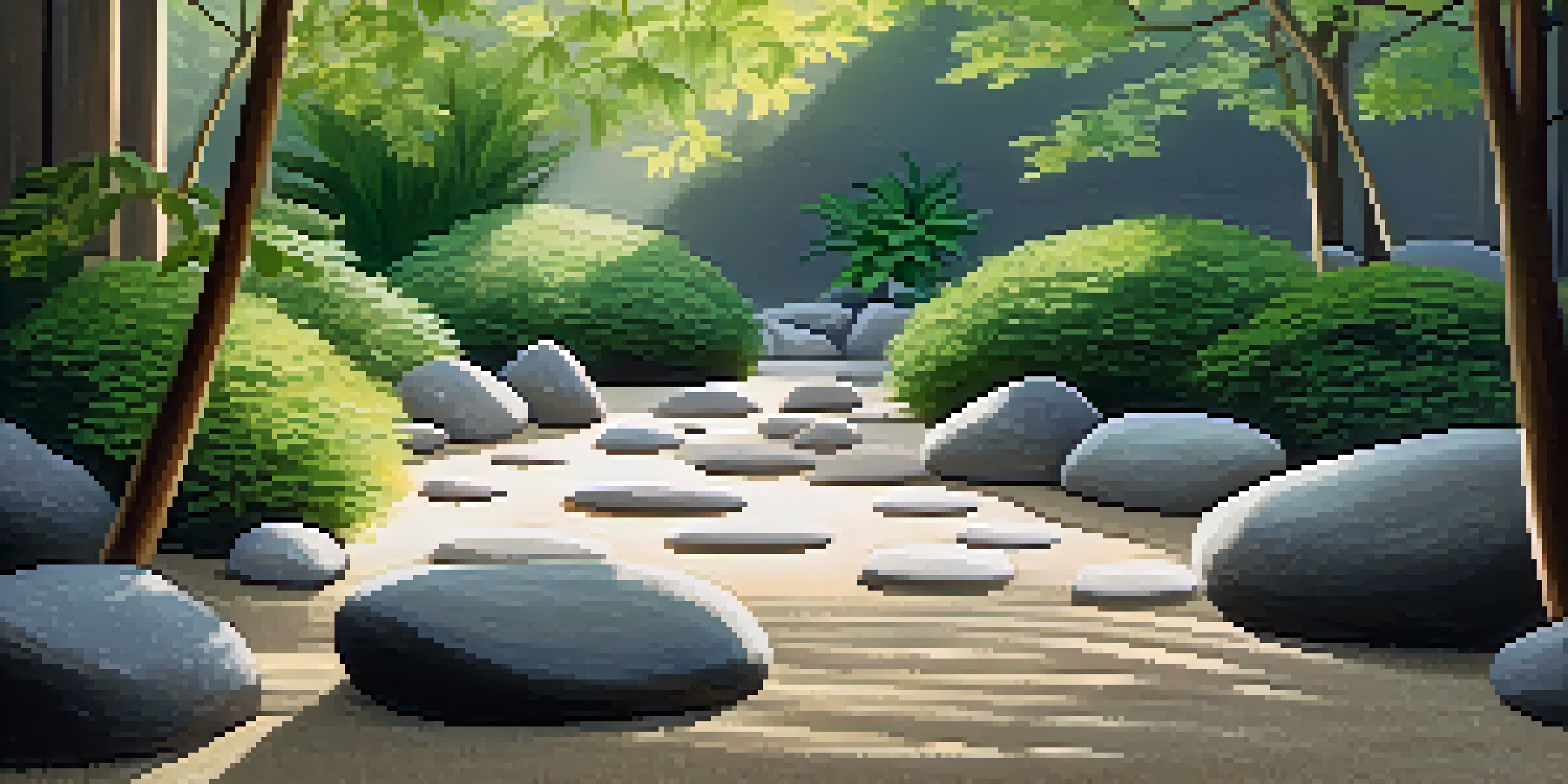 A tranquil Zen garden with arranged rocks, gravel, and raked sand, surrounded by green plants and dappled sunlight.