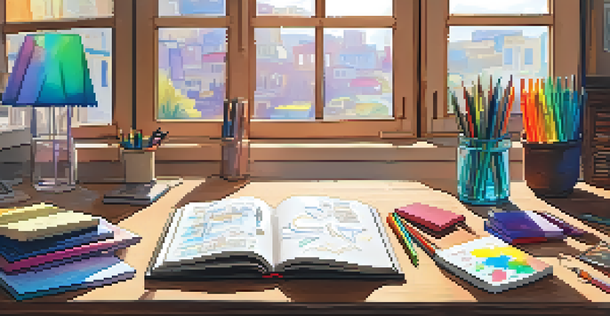 A warm and inviting workspace with an open visual journal on a wooden desk, surrounded by art supplies and illuminated by soft sunlight.