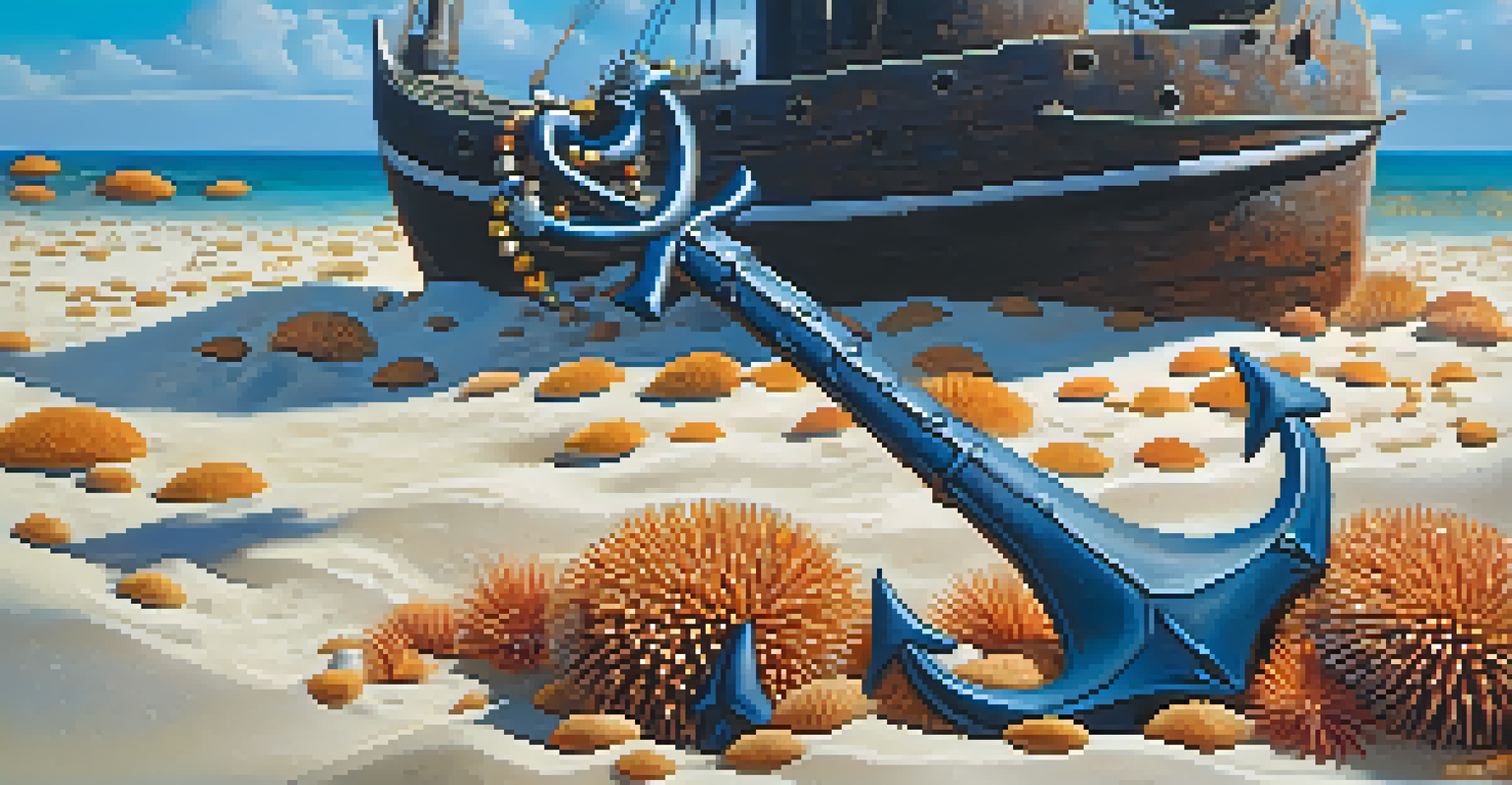 A close-up of a rusted ship's anchor on the ocean floor, surrounded by sea urchins and small fish, with sunlight creating a mystical effect.