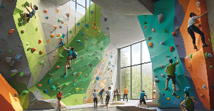 An indoor rock climbing gym with climbers of different skill levels, bright climbing holds, and sunlight streaming through windows.