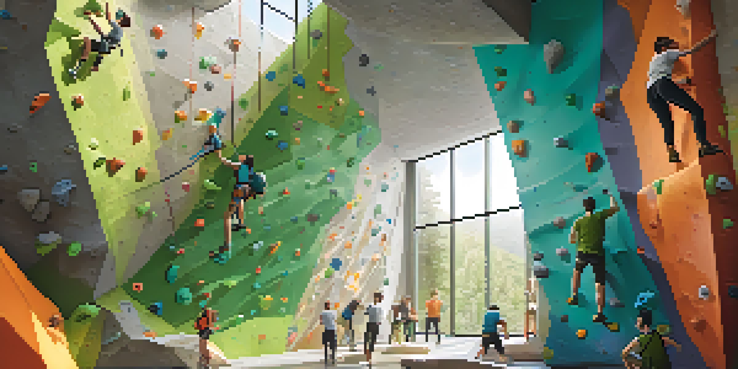 An indoor rock climbing gym with climbers of different skill levels, bright climbing holds, and sunlight streaming through windows.