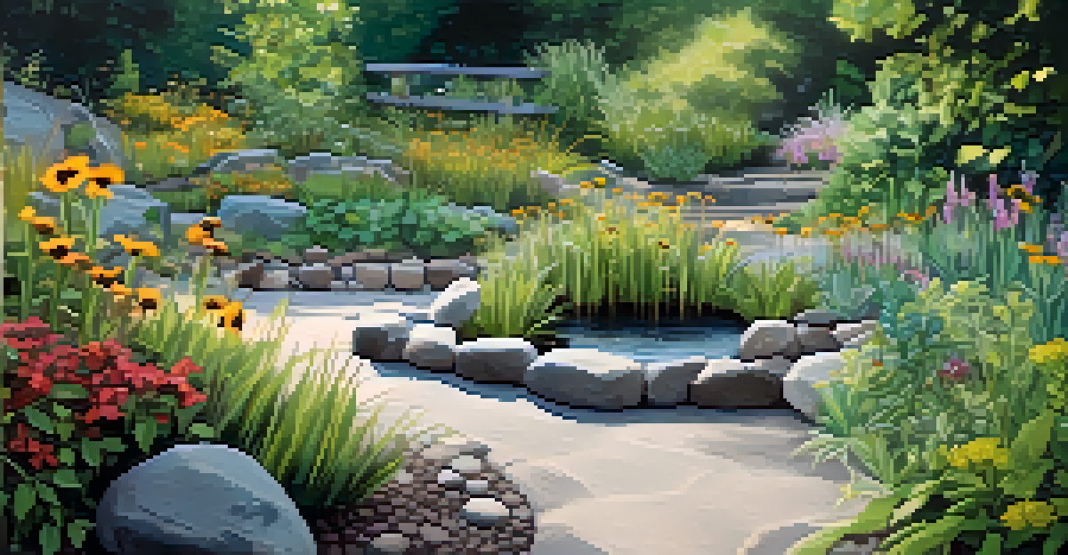 A picturesque rain garden filled with native plants, stones, and a pathway, featuring bees and butterflies in a softly lit environment.