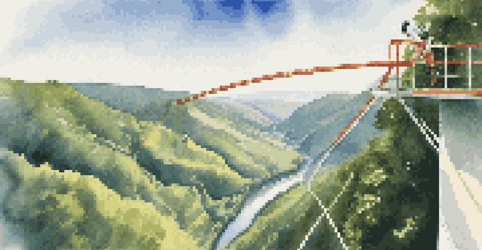 A person standing on the edge of a bungee jumping platform, with a beautiful valley and blue sky in the background, ready to jump.