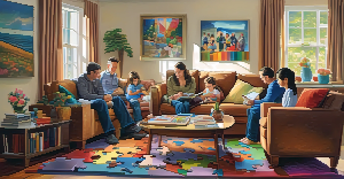 A family working together on a jigsaw puzzle in a cozy living room with warm lighting.
