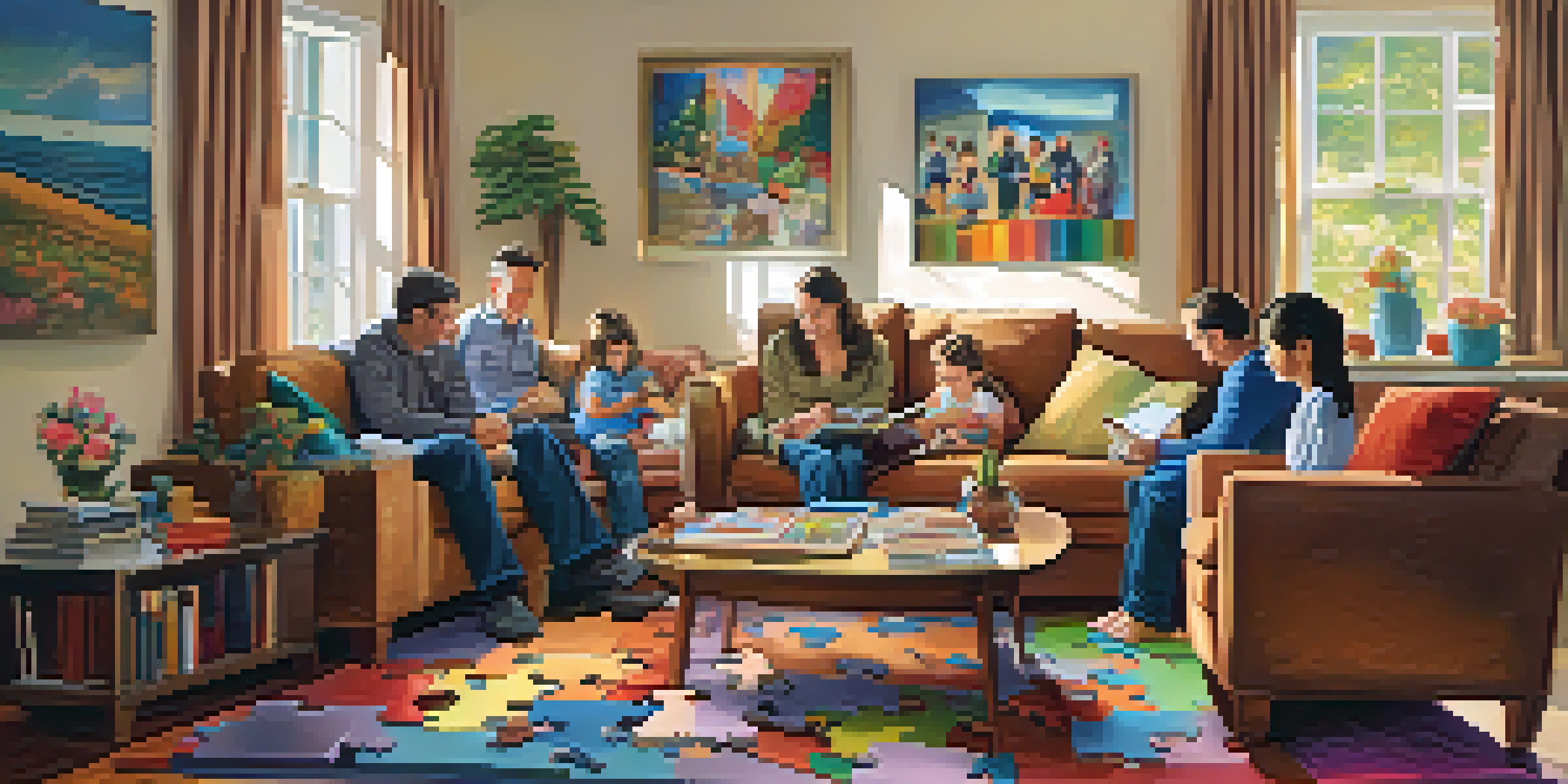 A family working together on a jigsaw puzzle in a cozy living room with warm lighting.