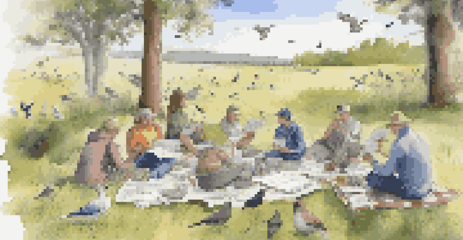 An open birdwatching journal on a picnic blanket in a sunny meadow, featuring sketches and notes, with birdwatchers in the background observing birds.