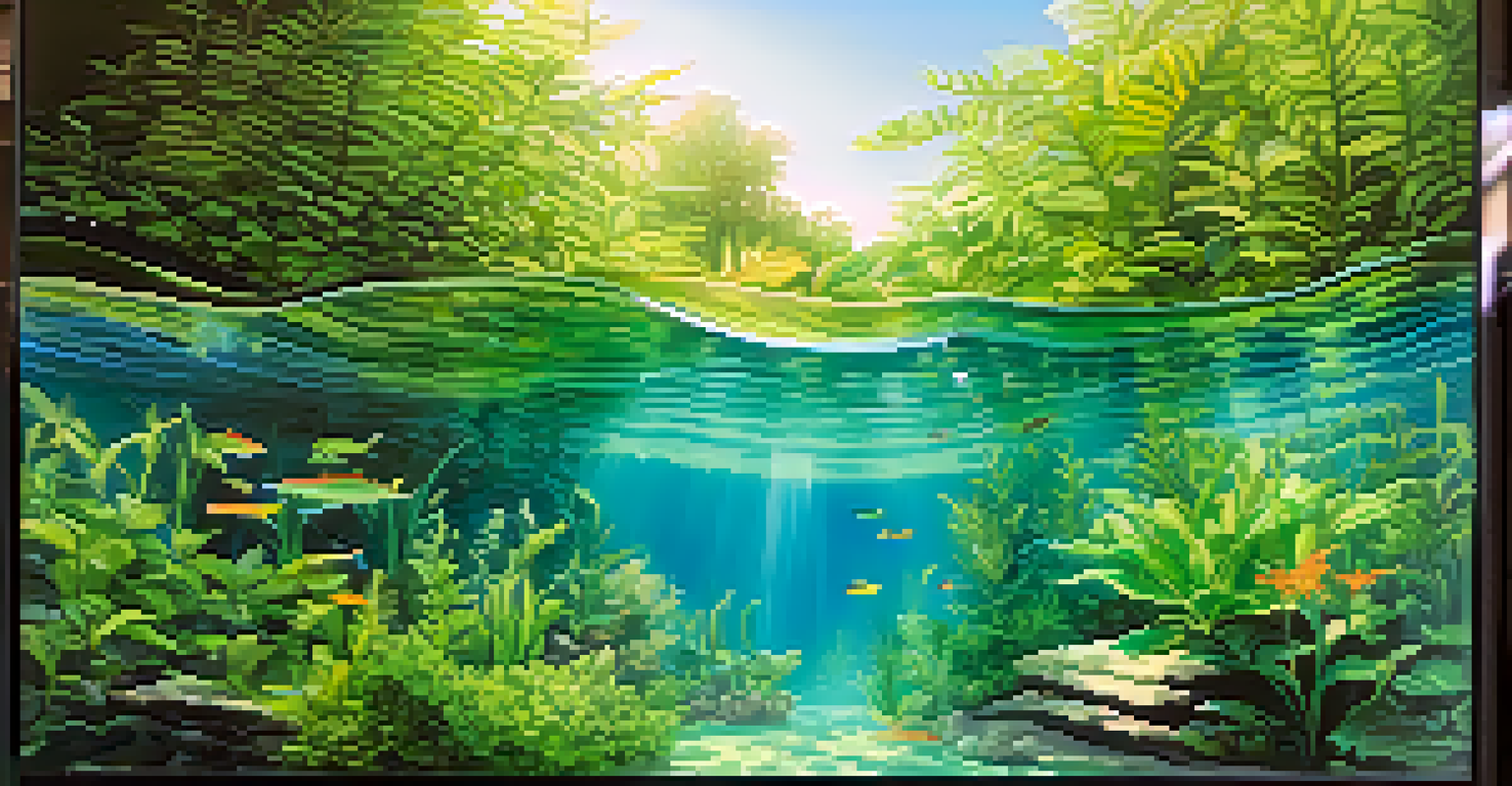 An aquarium scene with different water levels, showcasing both submerged and emersed plants, illuminated by bright natural light.