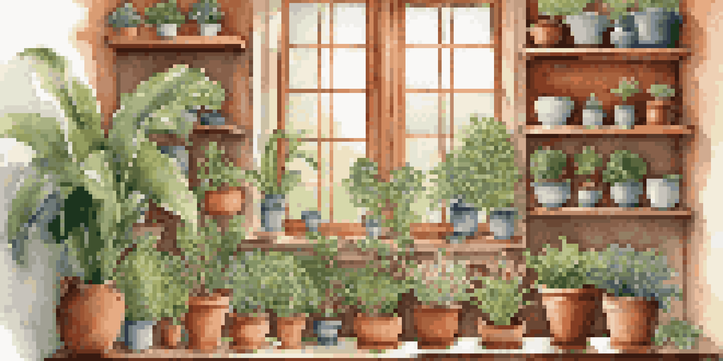 A cozy indoor garden with various potted plants in different materials, illuminated by natural sunlight.